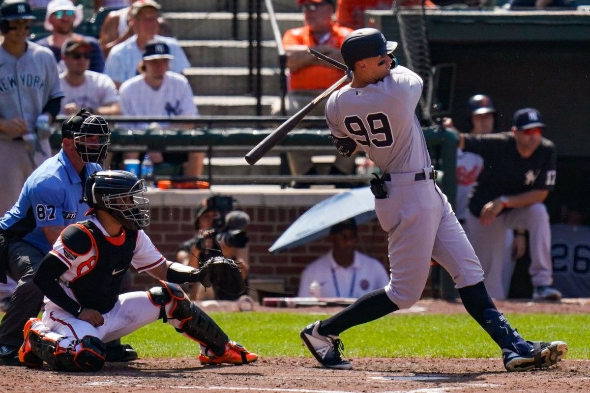 New York Yankees center fielder Aaron Judge (99) hits a broken bat single during the sixth inning against the Baltimore Orioles at Oriole Park at Camden Yards. (Tommy Gilligan-USA TODAY Sports)
