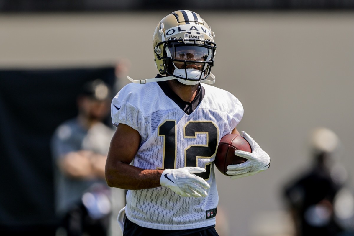 New Orleans Saints wide receiver Chris Olave (12) during rookie camp at the Saints Training Facility. Mandatory Credit: Stephen Lew-USA TODAY Sports