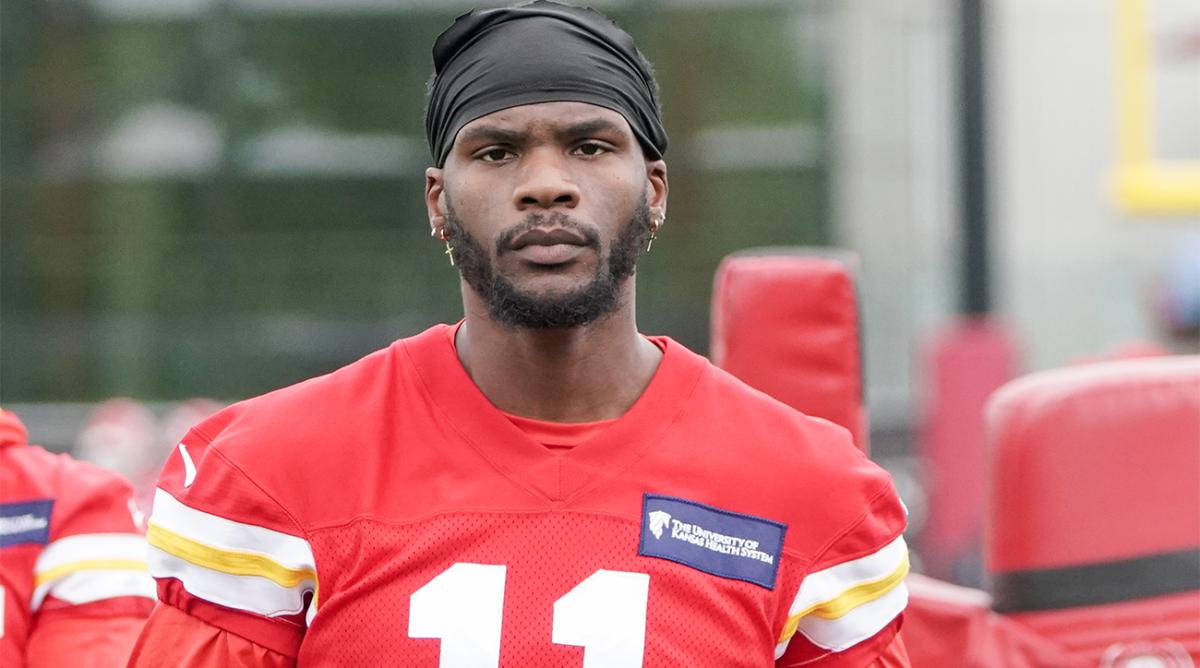 May 26, 2022; Kansas City, MO, USA; Kansas City Chiefs wide receiver Marquez Valdes-Scantling (11) takes a break during organized team activities at The University of Kansas Health System Training Complex.