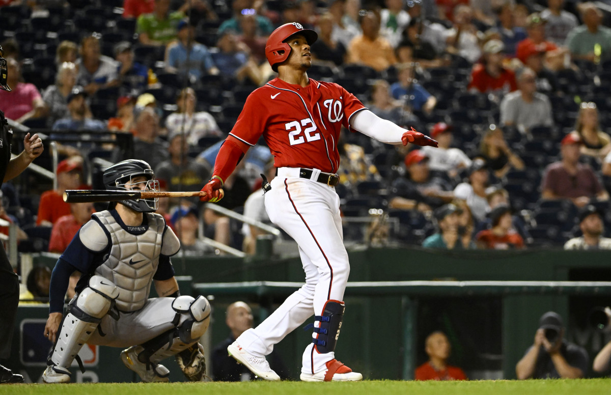Jul 13, 2022; Washington, District of Columbia, USA; Washington Nationals right fielder Juan Soto (22) watches his solo home run against the Seattle Mariners during the ninth inning at Nationals Park.