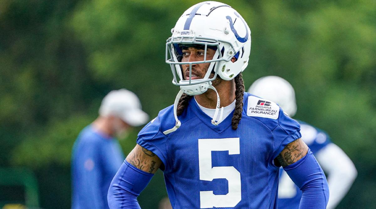 The Colts Stephon Gilmore (5) runs drills during the Colts mandatory mini training camp on Tuesday, May 7, 2022, at the Indiana Farm Bureau Football Center in Indianapolis.