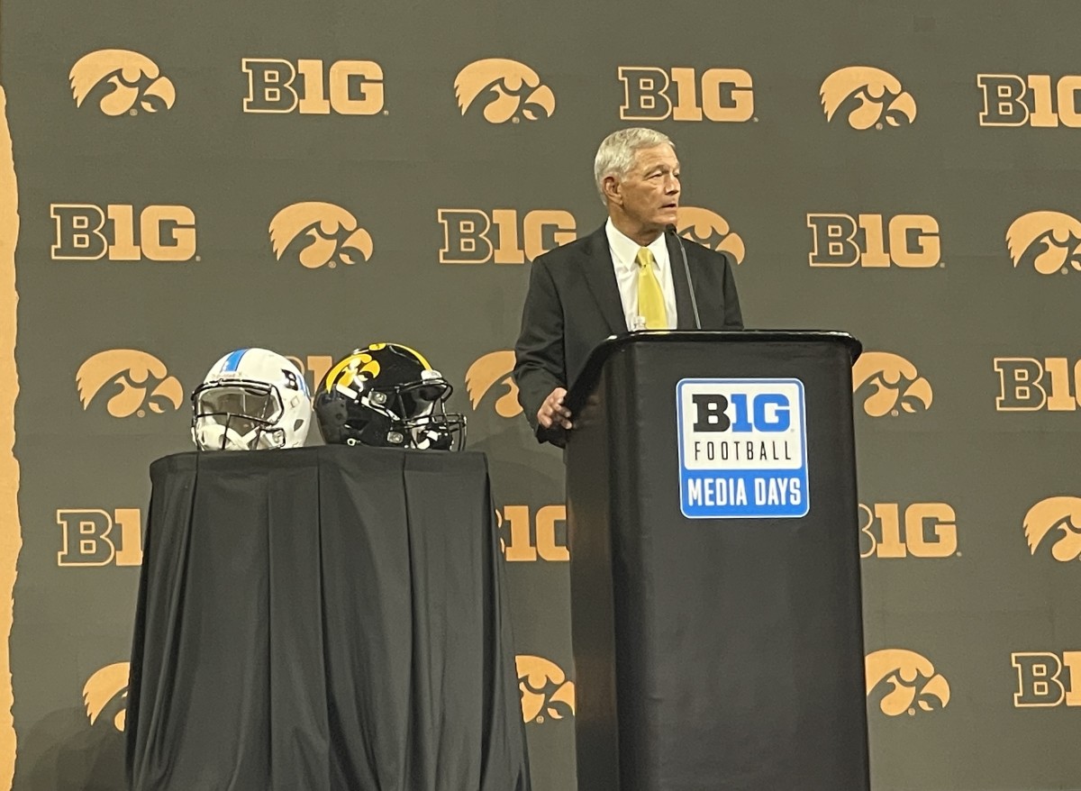 Iowa football head coach Kirk Ferentz talks at Big Ten Football Media Days.
