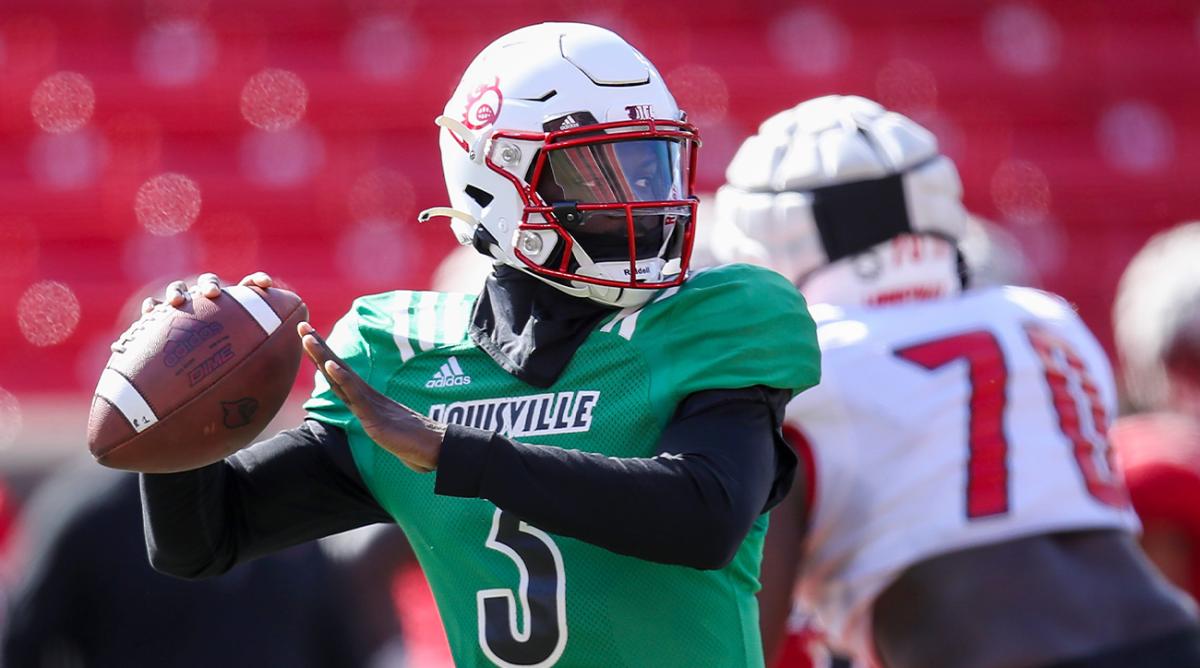 Malik Cunningham throws during practice at Cardinal Stadium on Sunday, April 3, 2022.