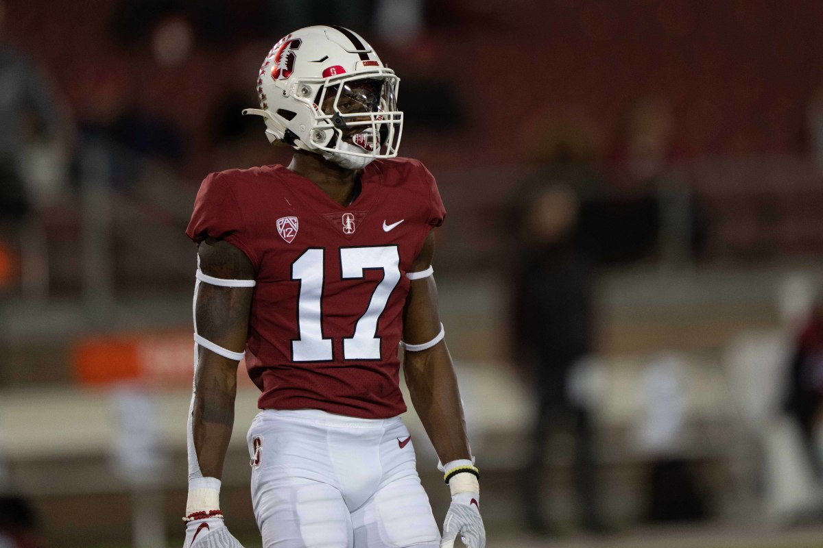 Stanford Cardinal cornerback Kyu Blu Kelly (17) during warmups against the Utah Utes at Stanford Stadium.