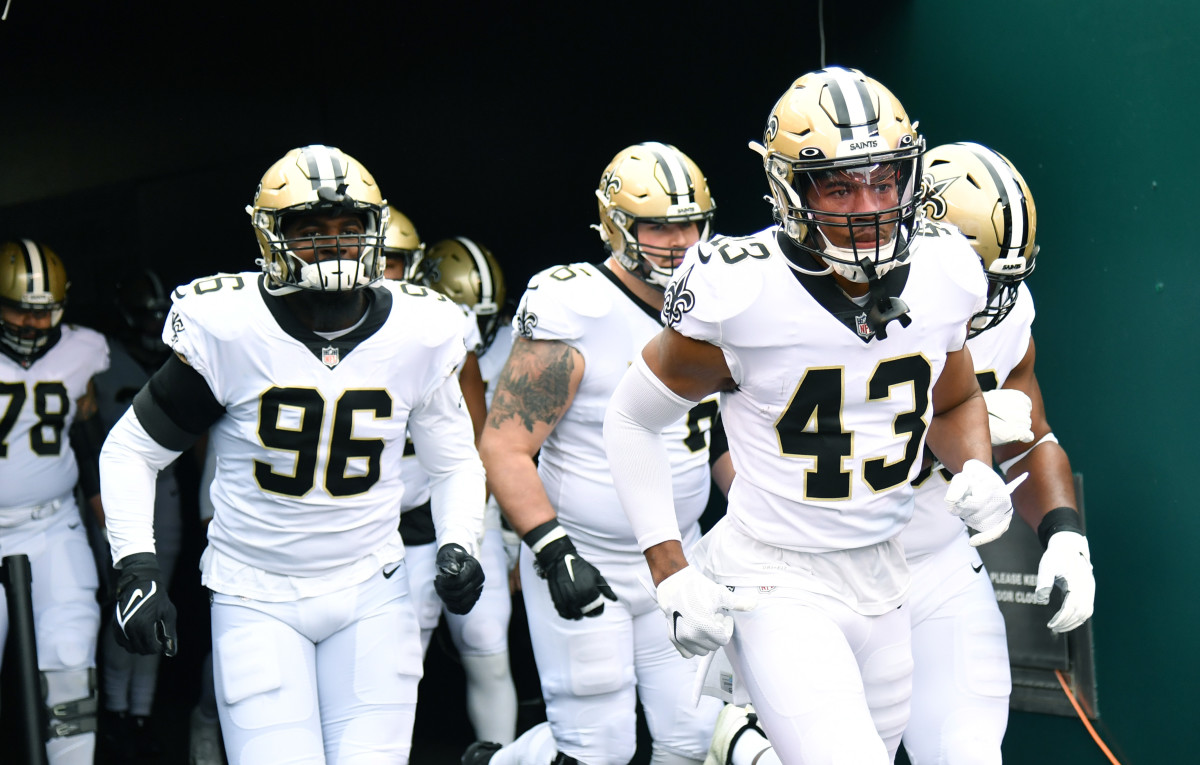 New Orleans Saints free safety Marcus Williams (43) leads his teammates onto the field against the Philadelphia Eagles at Lincoln Financial Field. Mandatory Credit: Eric Hartline-USA TODAY Sports.
