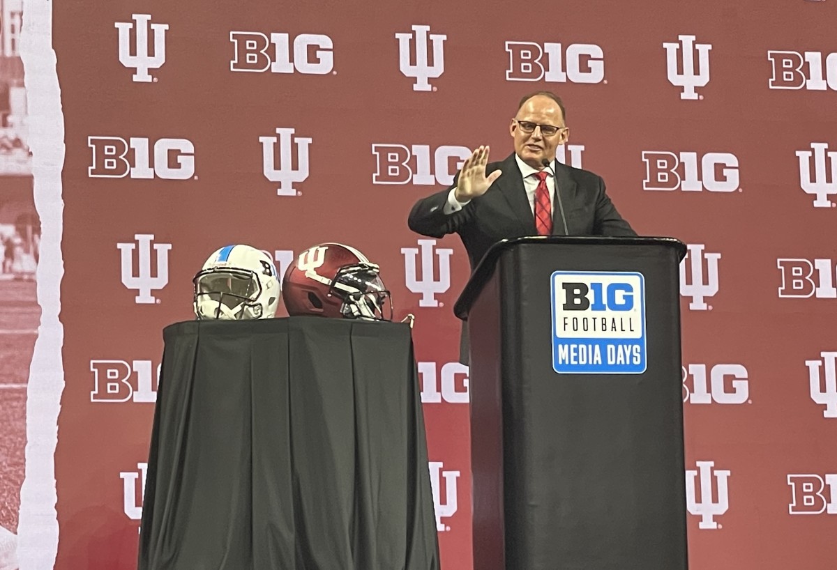 Indiana head football coach Tom Allen talks at Big Ten Football Media Days.