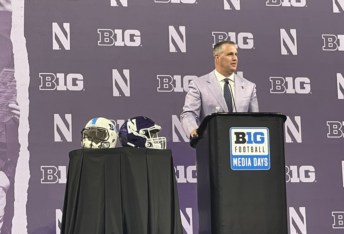 Northwestern head football coach Pat Fitzgerald talks at Big Ten Football Media Days.