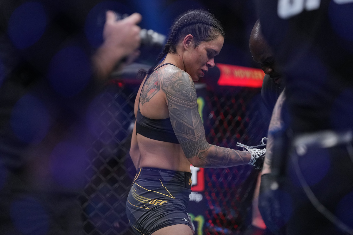 Amanda Nunes reacts following her loss by submission against Julianna Pena during UFC 269 at T-Mobile Arena.