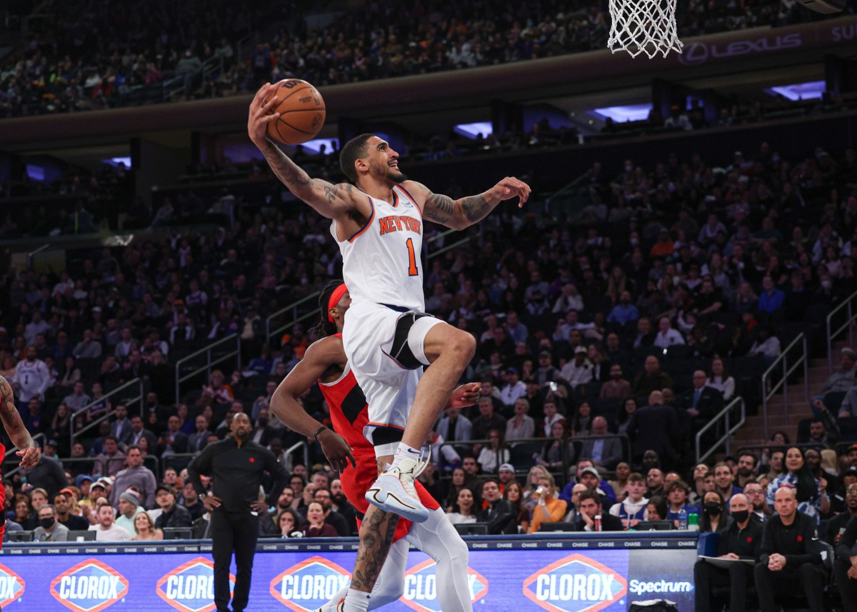New York Knicks forward Obi Toppin (1) dunks the ball against the Toronto Raptors during the second half at Madison Square Garden.
