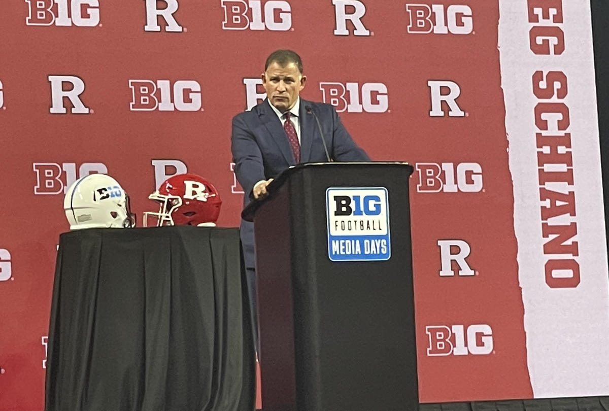 Rutgers head coach Greg Schiano speaks at Big Ten Football Media Days.