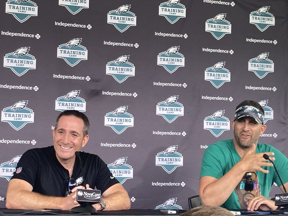 Eagles GM Howie Roseman (left) and coach Nick Sirianni meet the media prior to start of first traiing camp practice on July 27, 2022