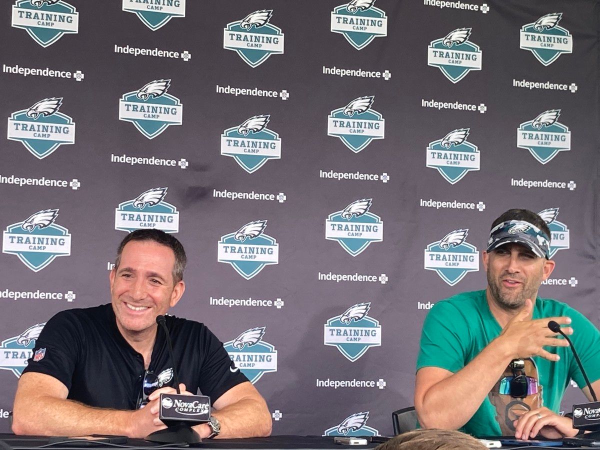 Eagles GM Howie Roseman (left) and coach Nick Sirianni meet the media prior to start of first traiing camp practice on July 27, 2022