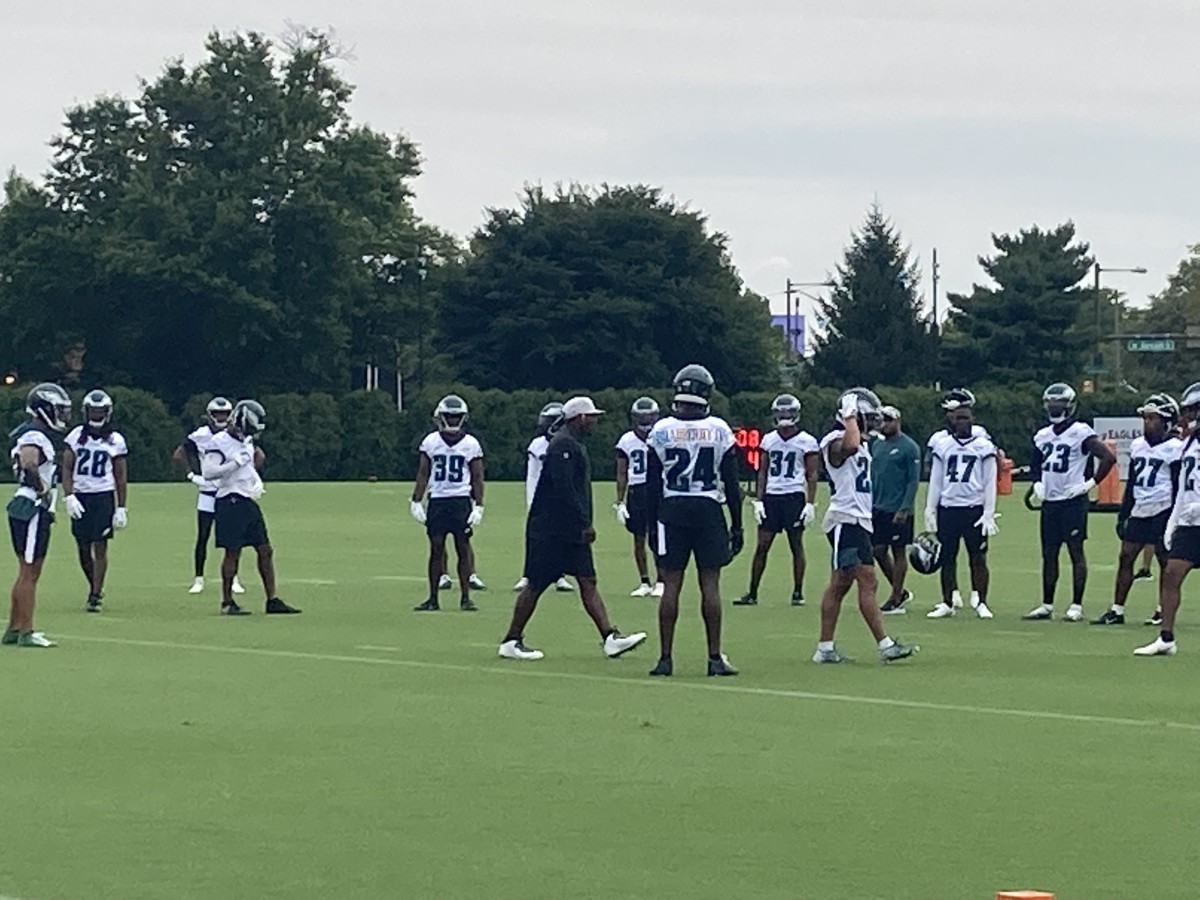 Eagles defense goes through a drill on first day of training camp practice on July 27, 2022