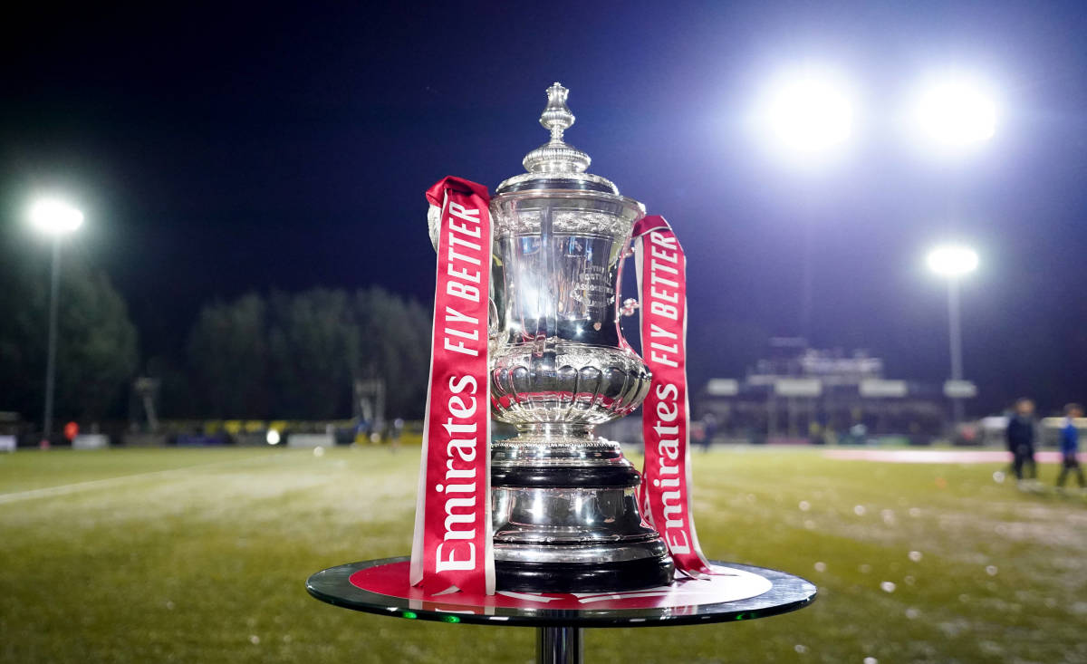 The FA Cup trophy pictured before a first round match between AFC Sudbury and Colchester United in 2021