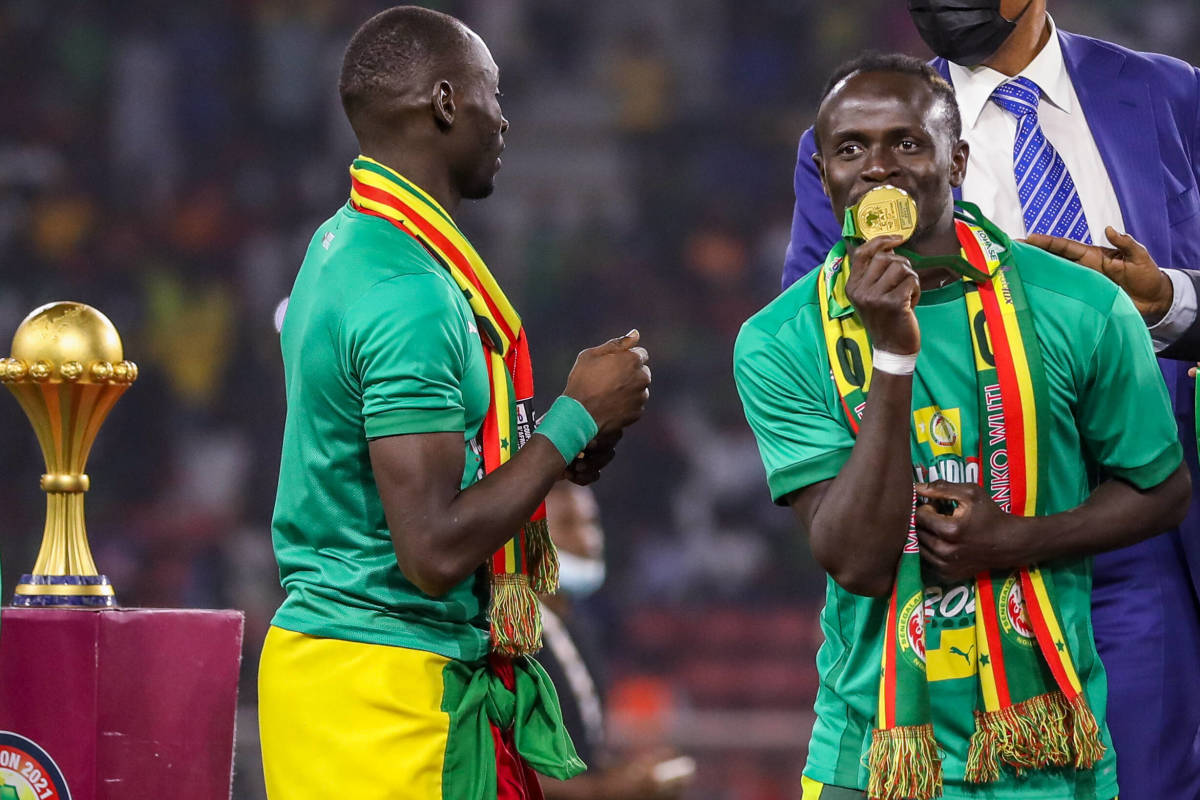 Sadio Mane kisses his medal after winning AFCON 2021 with Senegal