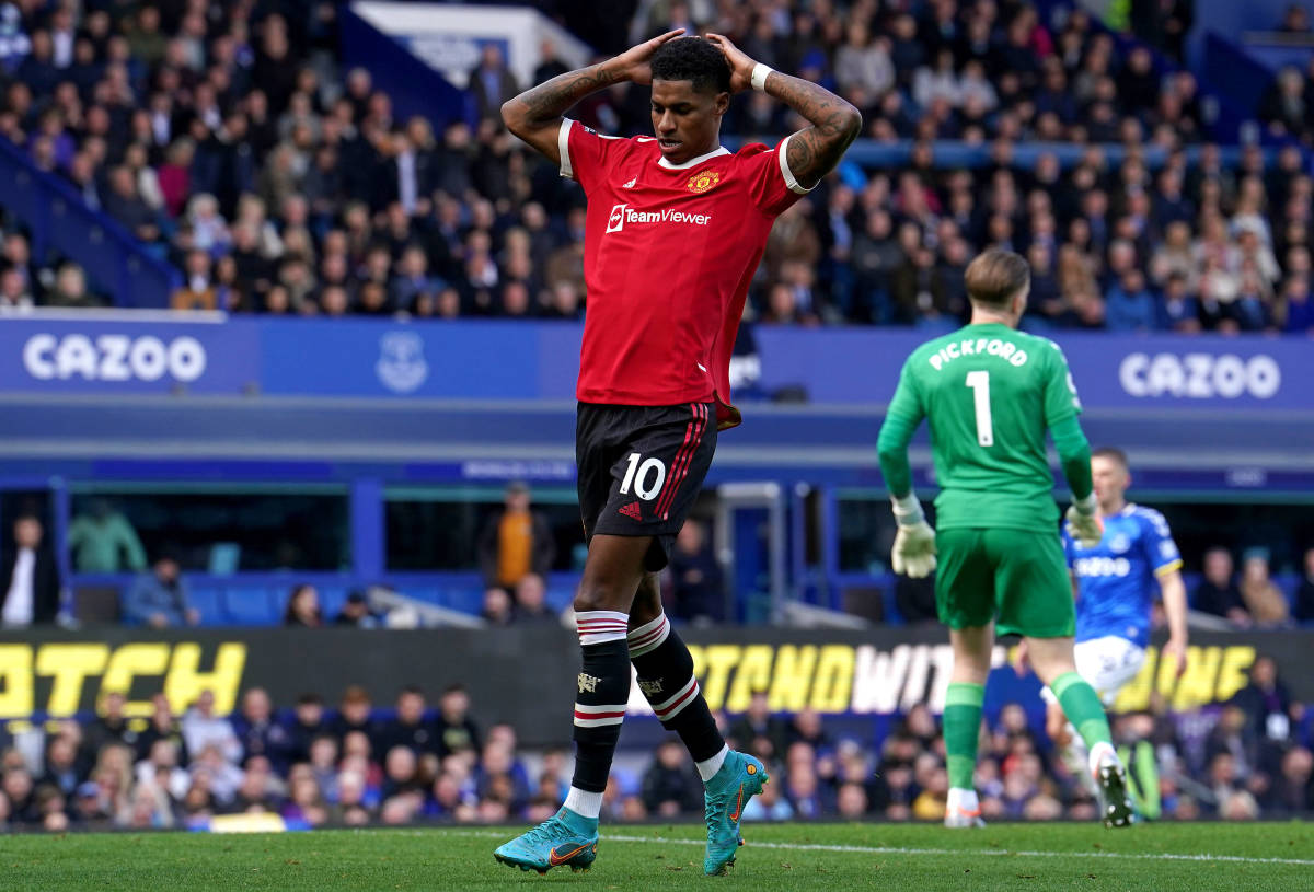 Marcus Rashford reacts to missing a chance to score for Manchester United at Everton in April 2022
