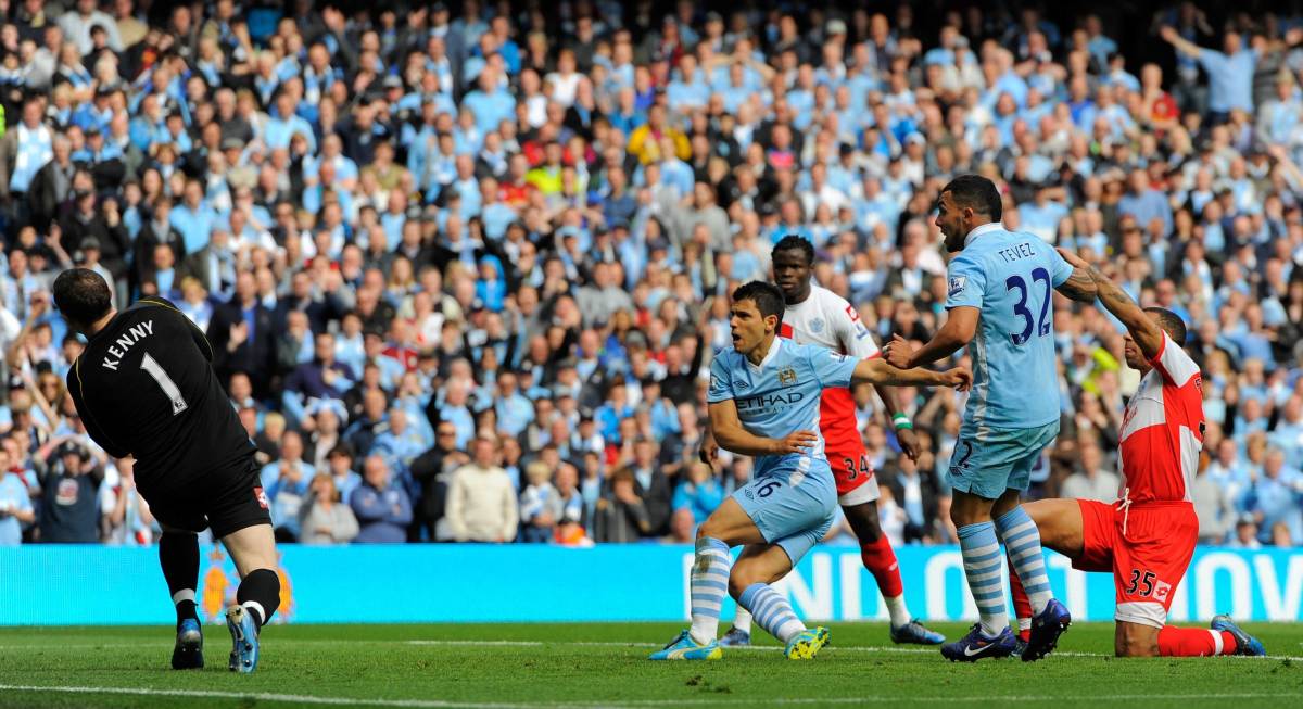 Sergio Aguero (center) pictured scoring against QPR to win the Premier League title for Manchester City in May 2012