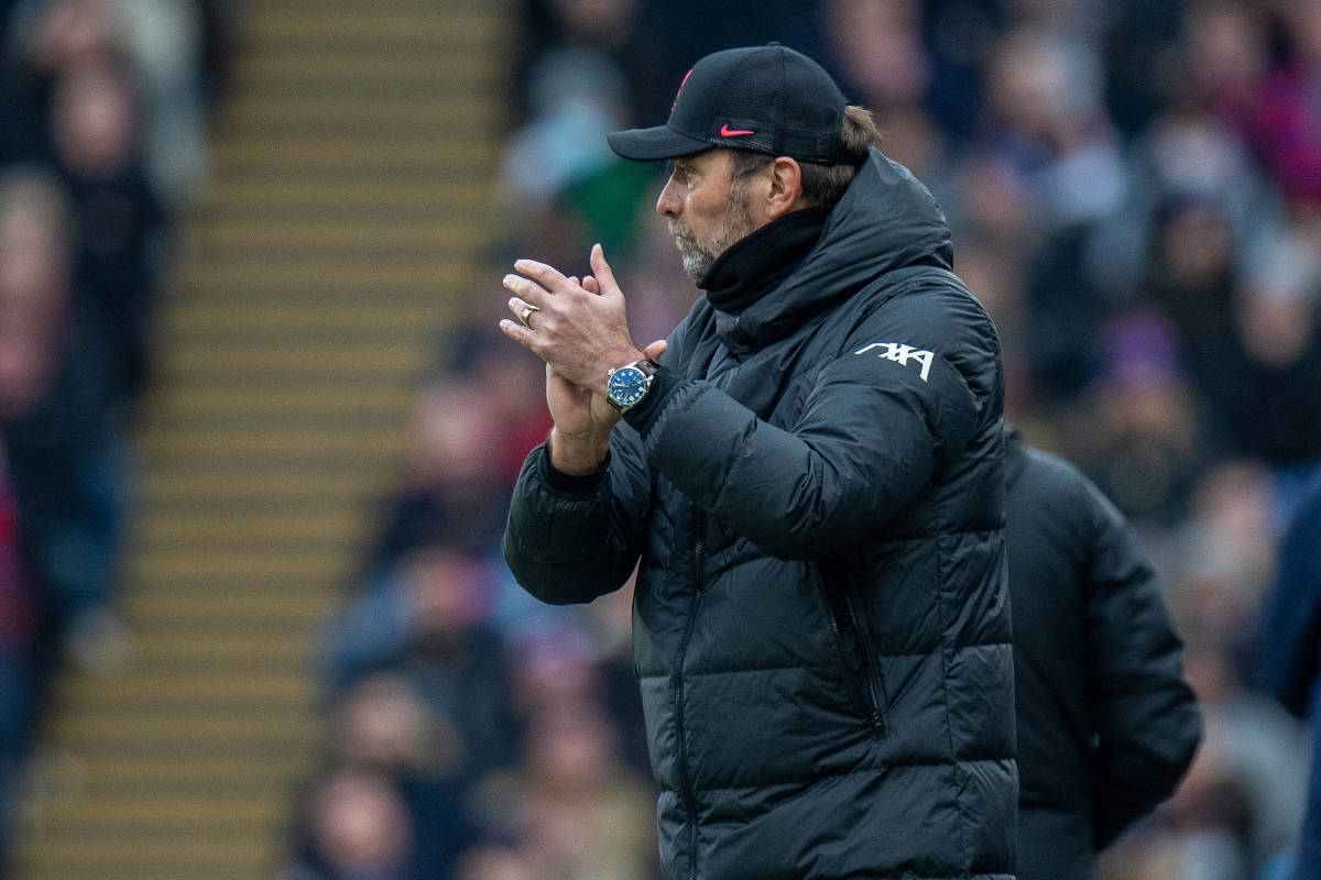Jurgen Klopp pictured clapping during a Liverpool match against Crystal Palace in January 2022