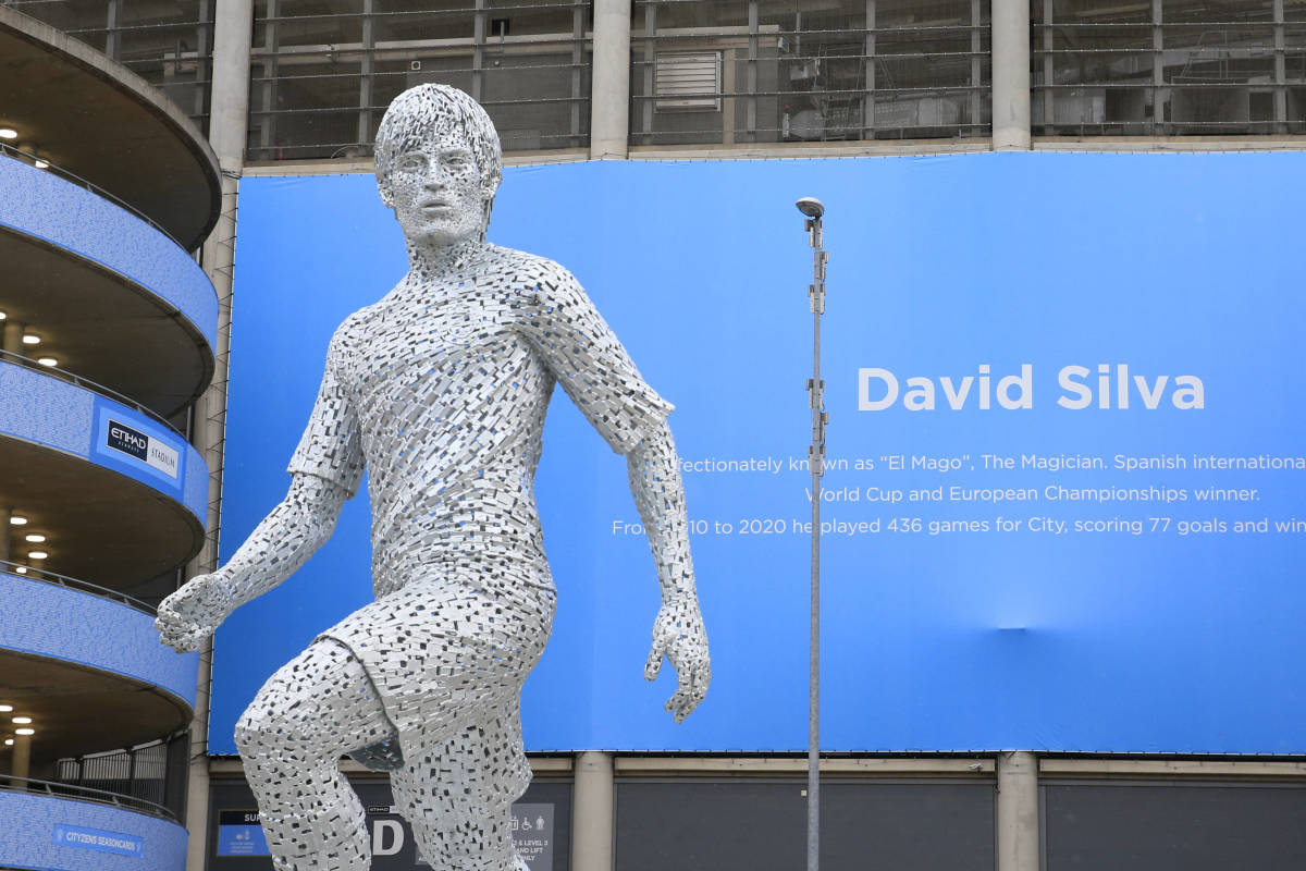 A statue of David Silva is pictured on display outside of Manchester City's Etihad Stadium