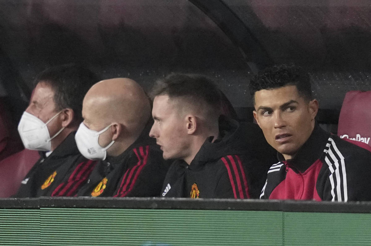 Cristiano Ronaldo watches the first half of Burnley vs Man Utd from the bench