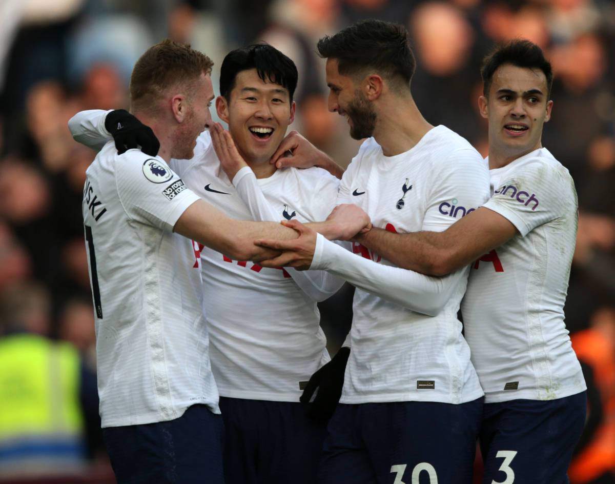 Son Heung-min (second left) pictured celebrating with his Tottenham teammates after scoring three goals at Aston Villa in April 2022