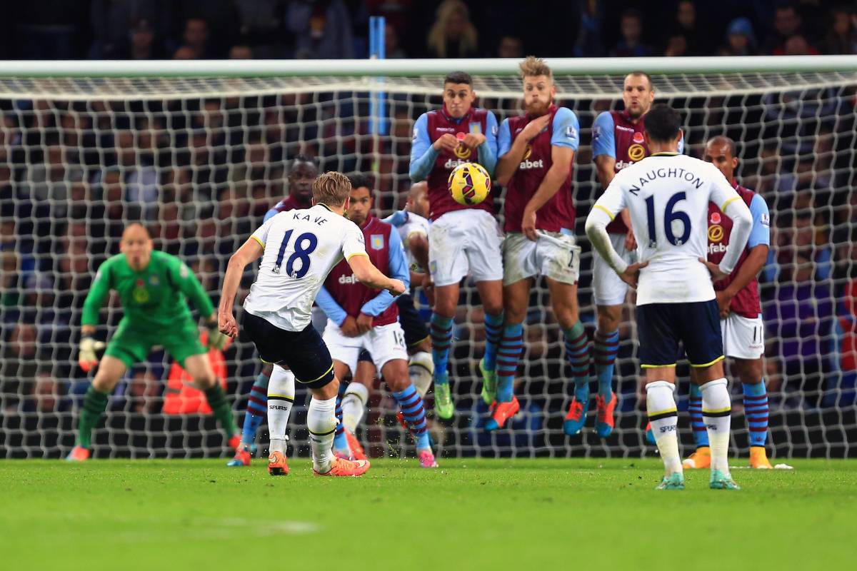Harry Kane pictured taking his first ever direct free-kick in the Premier League