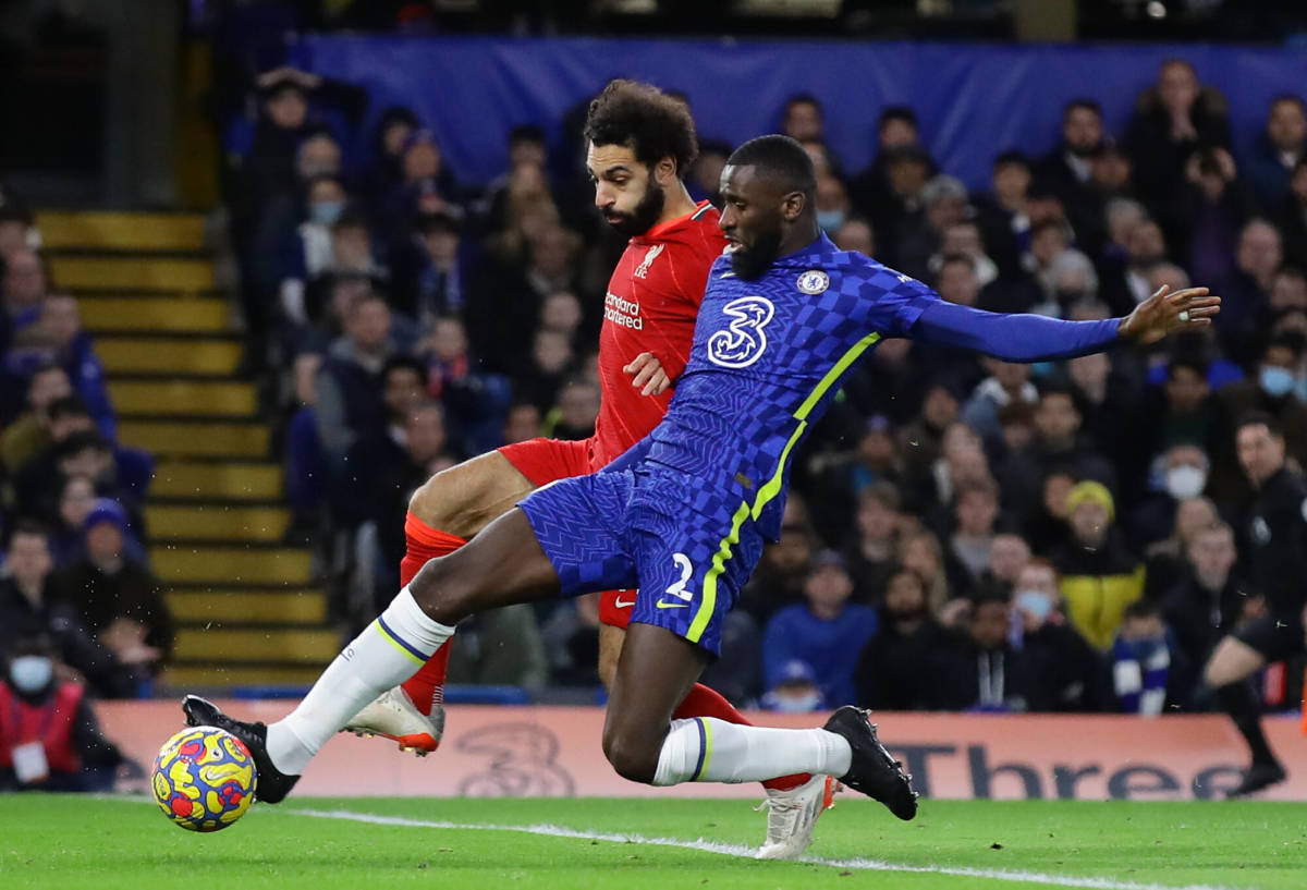Mo Salah and Antonio Rudiger pictured competing for the ball during Liverpool's 2-2 draw at Chelsea in January 2022