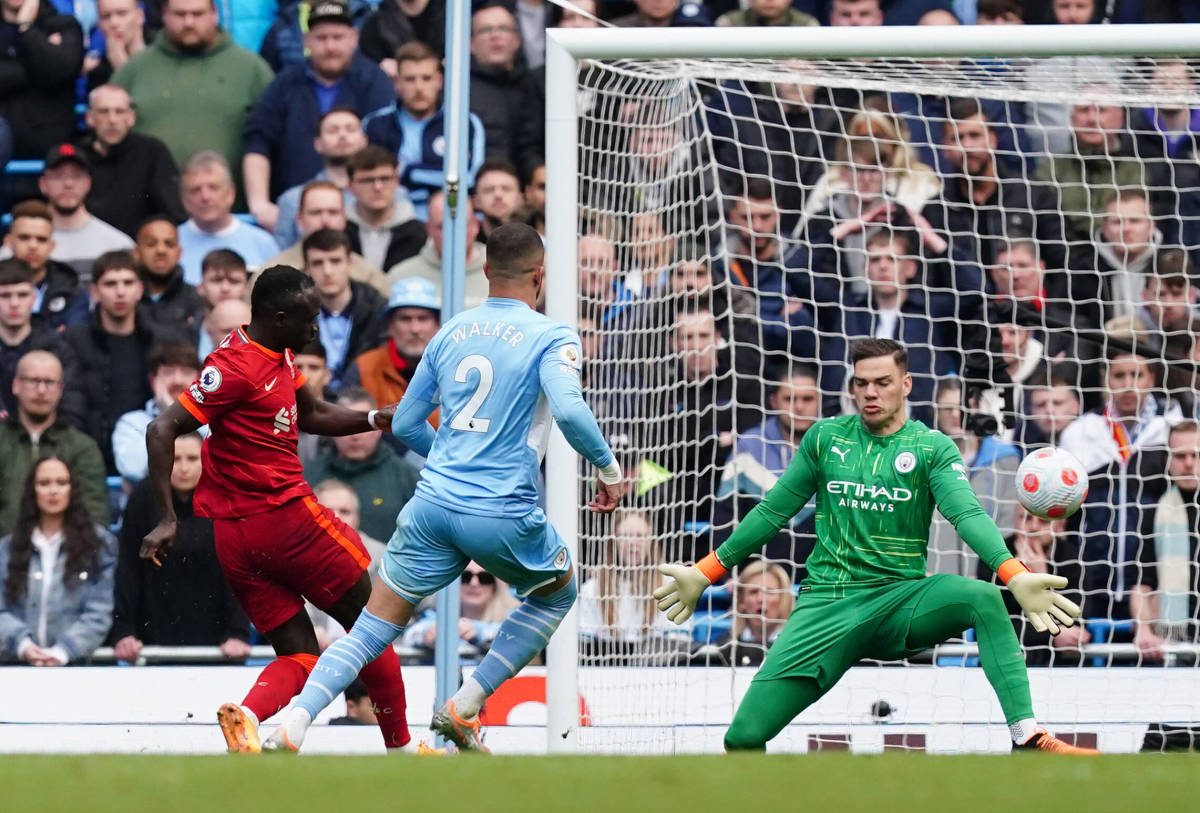 Sadio Mane (left) pictured scoring for Liverpool in their 2-2 draw at Manchester City in April 2022