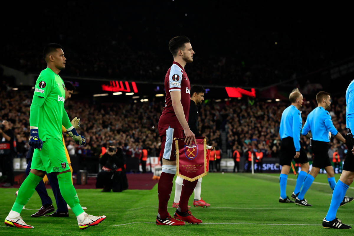Declan Rice pictured leading out the West Ham team ahead of their Europa League game against Sevilla in London