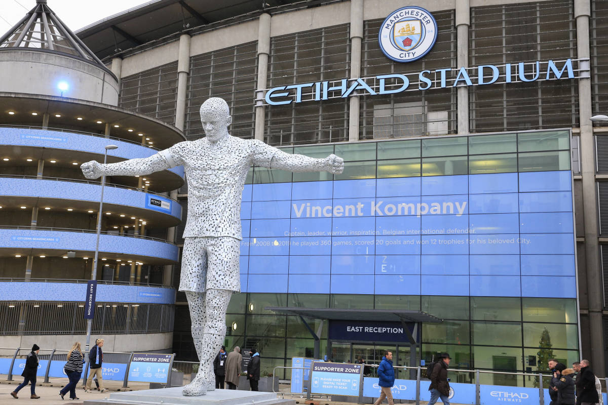 A statue of Vincent Kompany is pictured on display outside of Manchester City's Etihad Stadium
