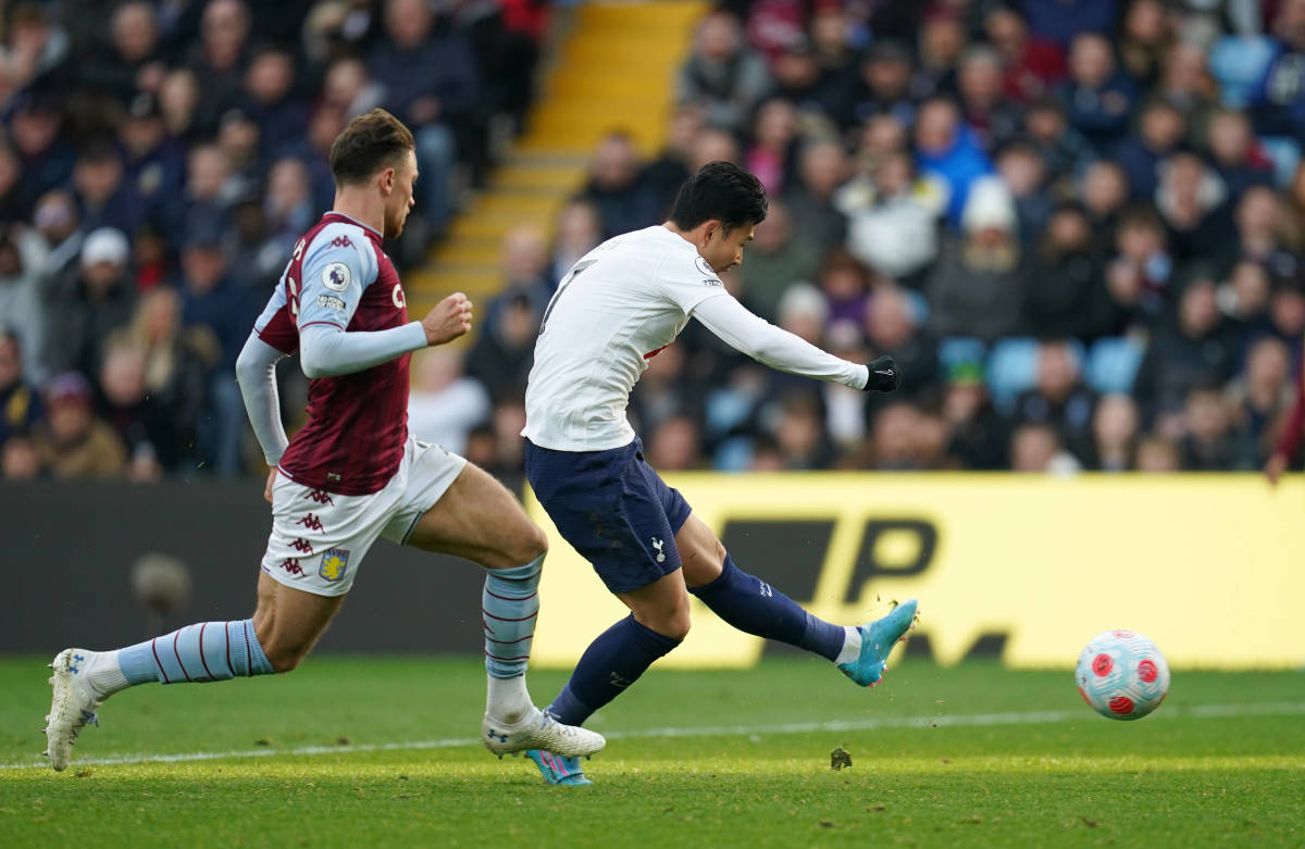 Son Heung-min scores with his left foot during Tottenham's 4-0 win at Aston Villa in April 2022