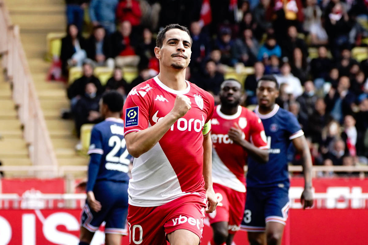 Wissam Ben Yedder celebrates scoring for Monaco against PSG in March 2022
