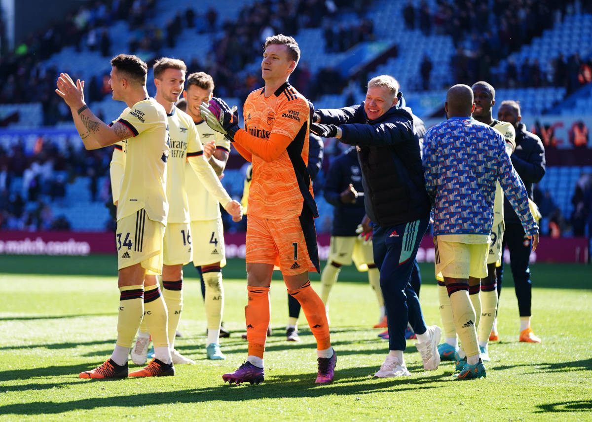 Aaron Ramsdale playfully pushes Bernd Leno as Arsenal players celebrate a 1-0 at Aston Villa
