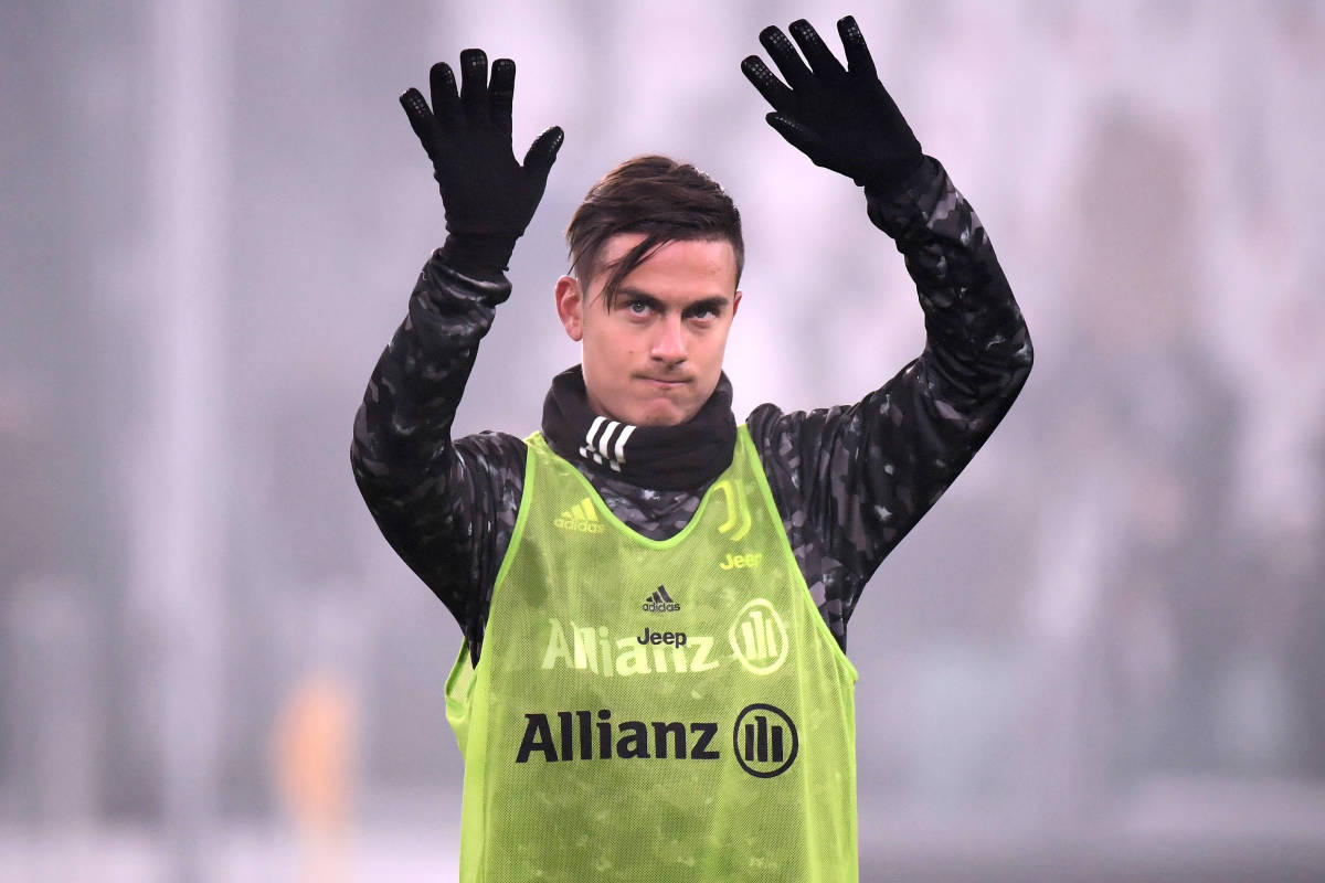Juventus striker Paulo Dybala pictured waving at fans before his side's game against Hellas Verona in February 2022