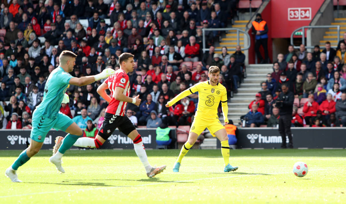 Timo Werner (right) pictured scoring Chelsea's fifth goal in their 6-0 win at Southampton in April 2022
