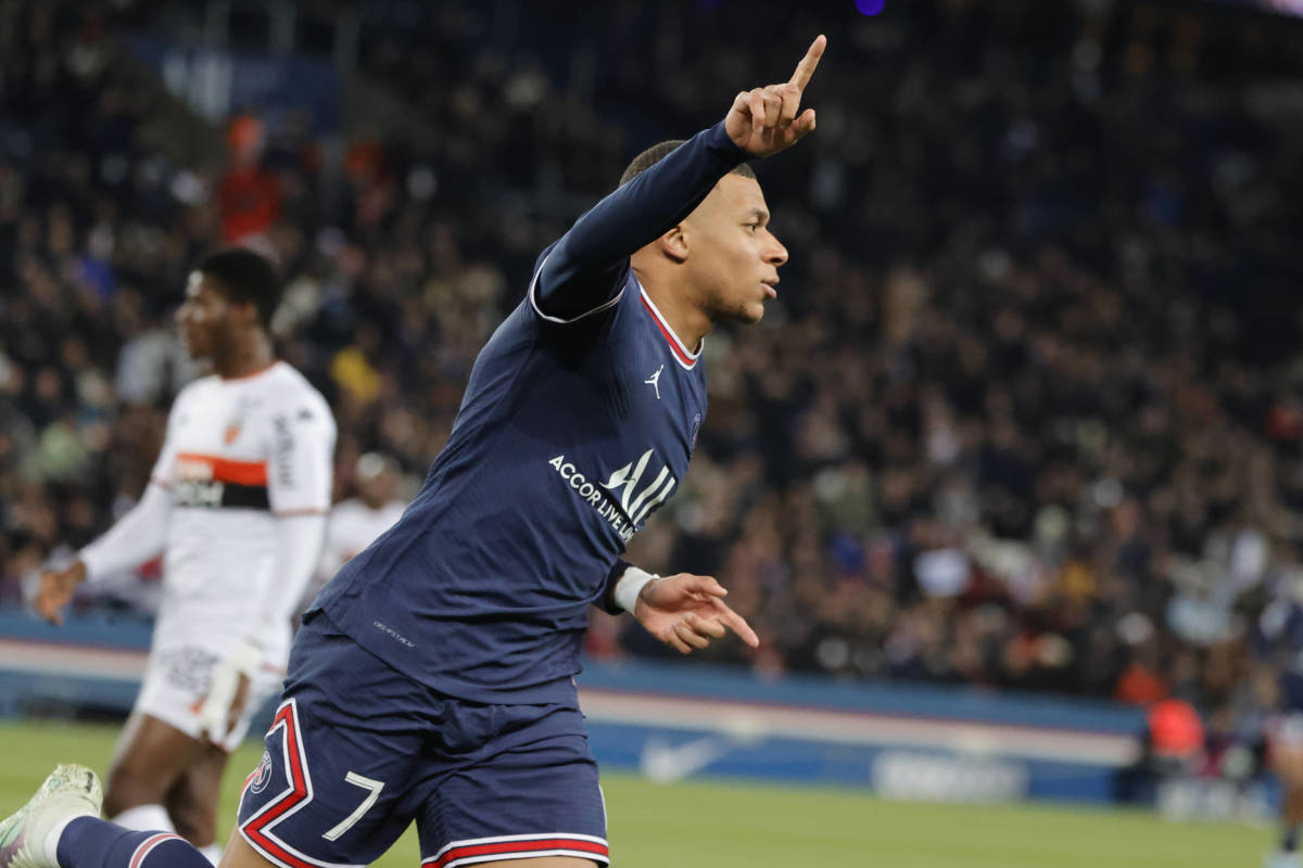 Kylian Mbappe pictured celebrating a goal for PSG against Lorient in April 2022