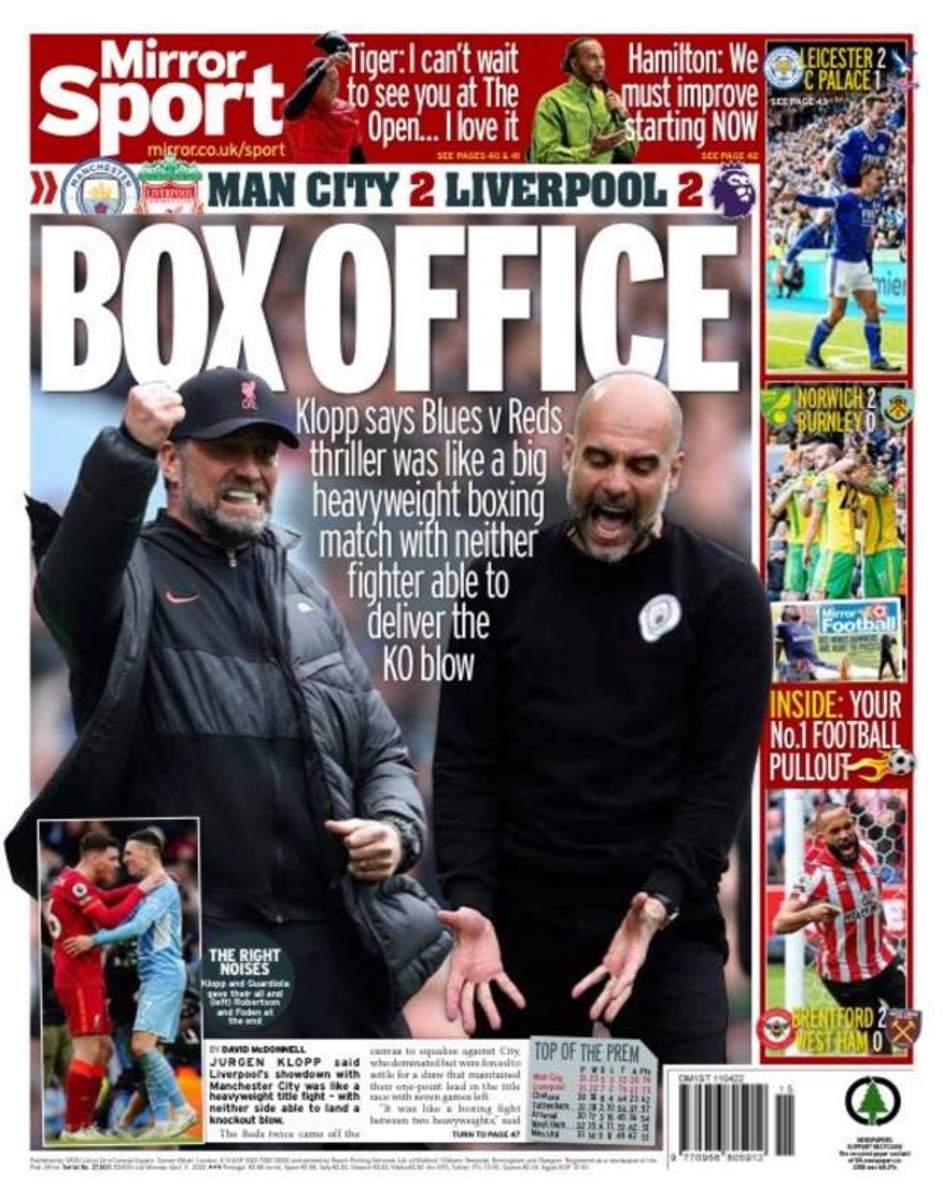 The Mirror's back page after Man City's 2-2 draw with Liverpool in April 2022