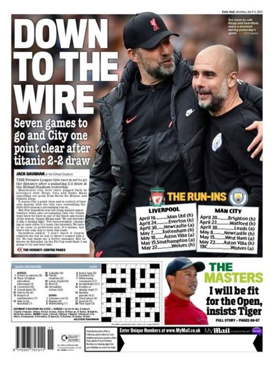 The Daily Mail's back page after Man City's 2-2 draw with Liverpool in April 2022