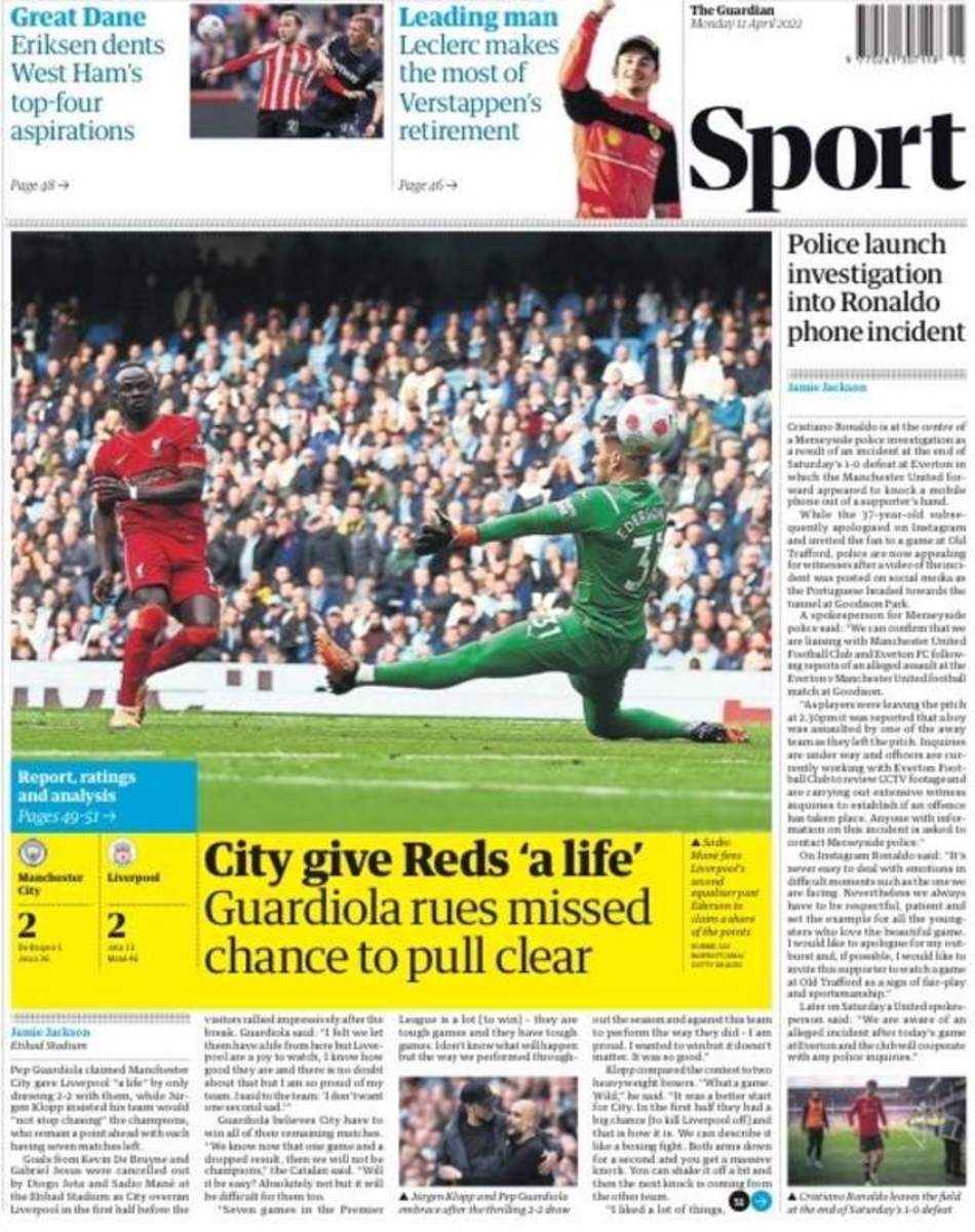 The Guardian's back page after Man City's 2-2 draw with Liverpool in April 2022