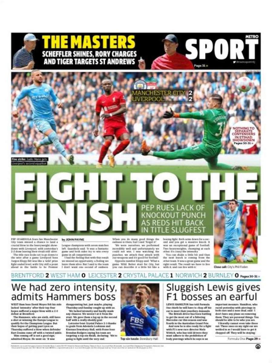 Metro's back page after Man City's 2-2 draw with Liverpool in April 2022