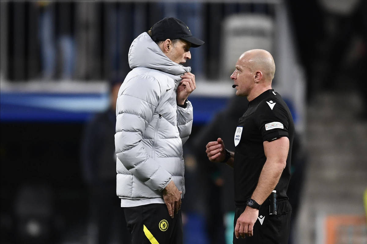 Thomas Tuchel (left) pictured complaining to referee Szymon Marciniak after Chelsea were knocked out of the Champions League by Real Madrid