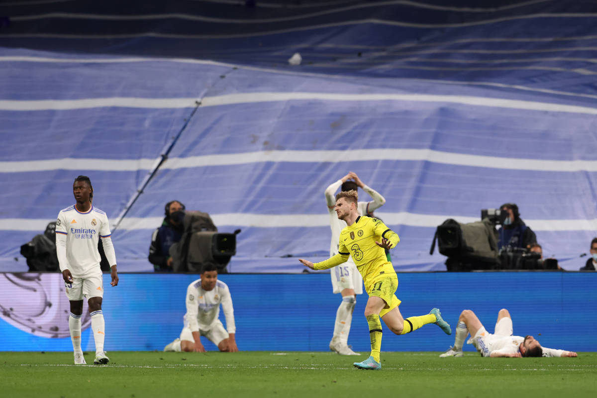 Timo Werner celebrates after scoring for Chelsea against Real Madrid at the Bernabeu in the 2021/22 Champions League