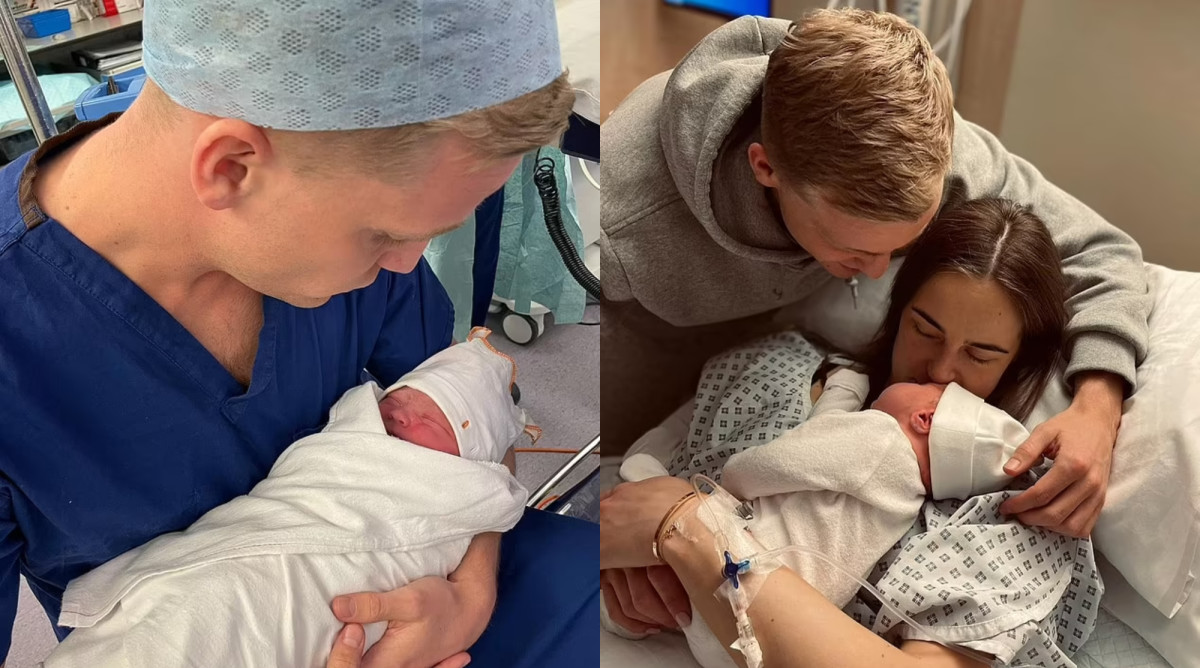 Donny van de Beek and girlfriend Estelle Bergkamp pictured after the birth of their daughter Lomee