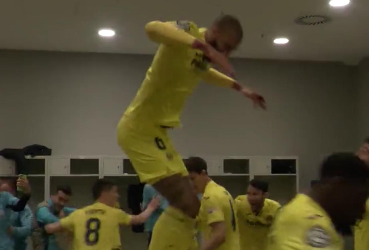 Etienne Capoue pictured dancing a locker room table after Villarreal knocked Bayern Munich out of the Champions League