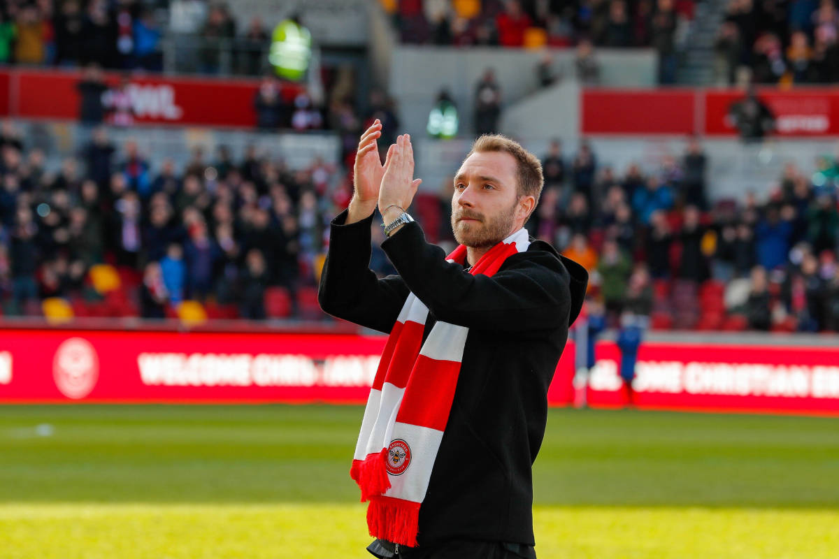 Christian Eriksen is seen clapping as he is presented as a Brentford player ahead of their game against Crystal Palace on February 12, 2022