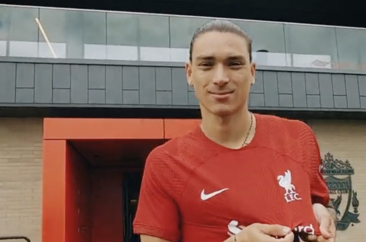Darwin Nunez pictured in a Liverpool jersey after signing from Benfica in June 2022