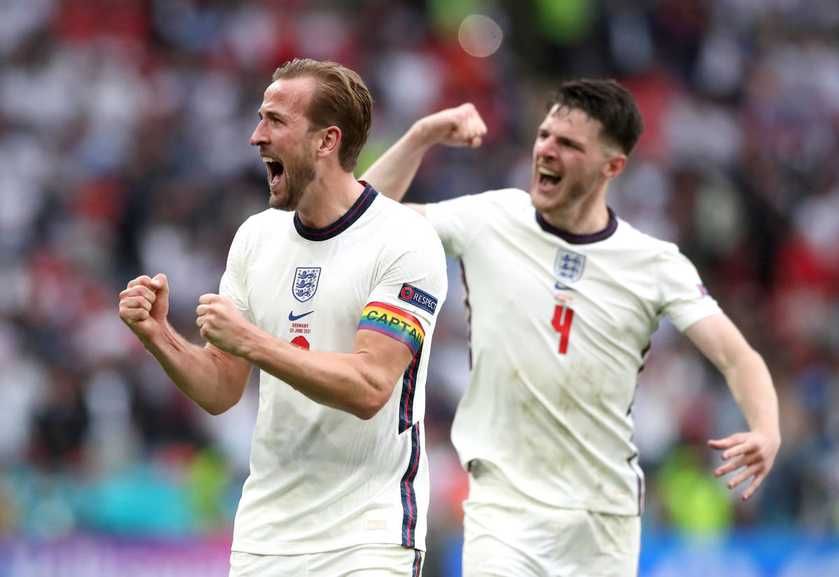 Harry Kane and Declan Rice pictured celebrating during England's win over Germany at Euro 2020