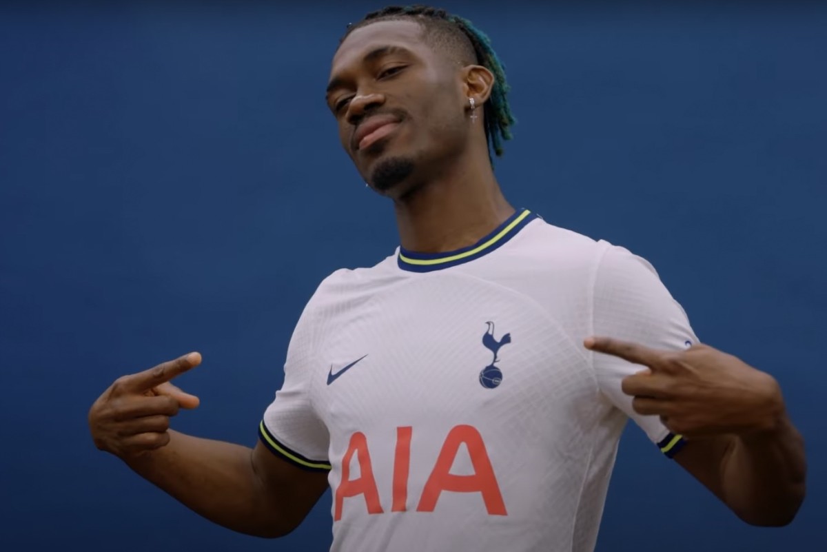 Yves Bissouma pictured posing in Tottenham's new home shirt after completing his transfer from Brighton in June 2022