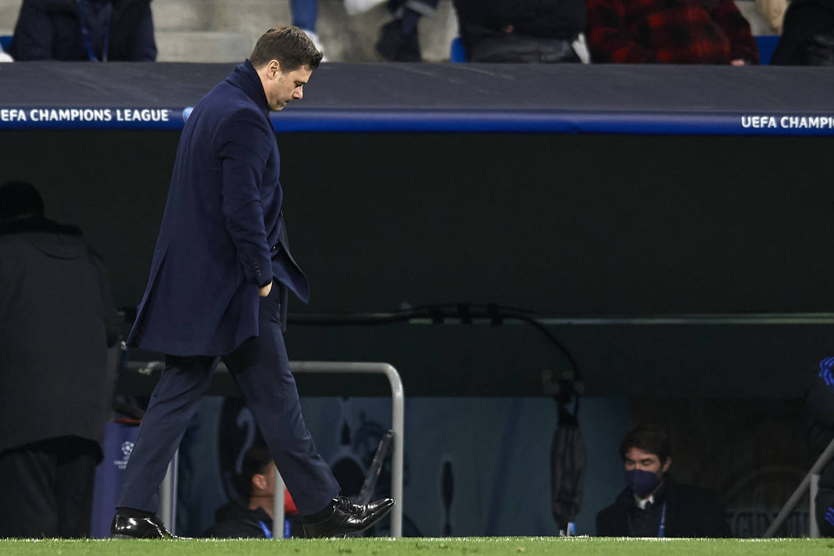 Paris Saint-Germain coach Mauricio Pochettino picturing during his side's loss to Real Madrid in March 2022