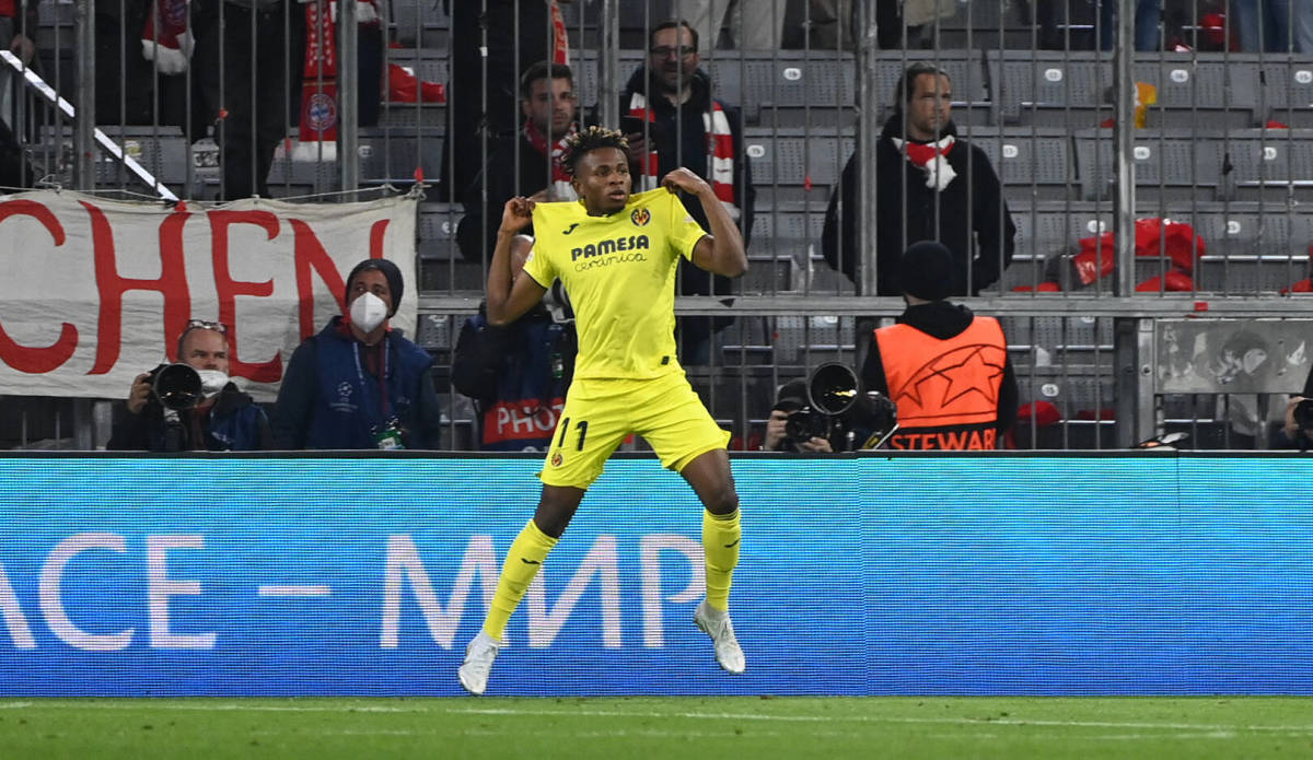 Samuel Chukwueze pictured celebrating the goal which saw Villarreal reach the 2021/22 Champions League semi-finals at the expense of Bayern Munich